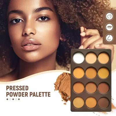 Model showcasing the Frost Glow Cosmetics Pressed Powder Palette with 12 shades for flawless bronzing.