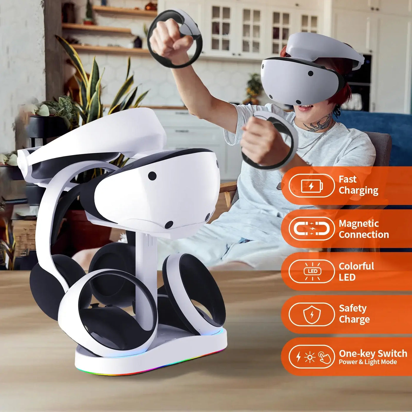 Frost Glow Cosmetics PS5 VR2 charging dock with headset stand. Charge controllers & display your PSVR2 in one stylish station.