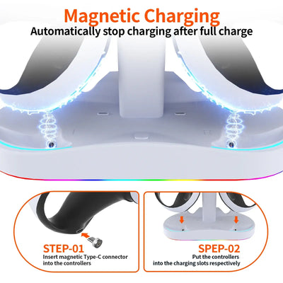 Frost Glow Cosmetics PS5 VR2 charging dock with headset stand. Charge controllers & display your PSVR2 in one stylish station.
