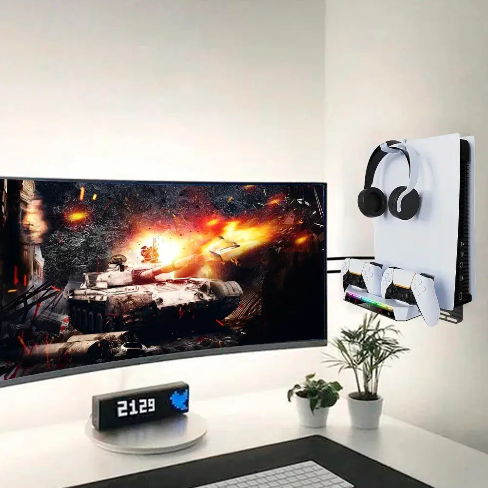 Mount your PS5 or PS5 Slim with ease using this wall kit. Includes dual controller charging station & headset holder for a clean setup.