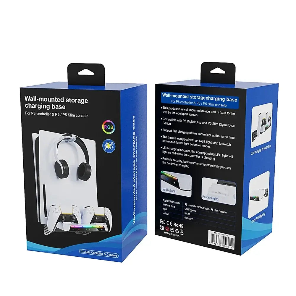 Mount your PS5 or PS5 Slim with ease using this wall kit. Includes dual controller charging station & headset holder for a clean setup.