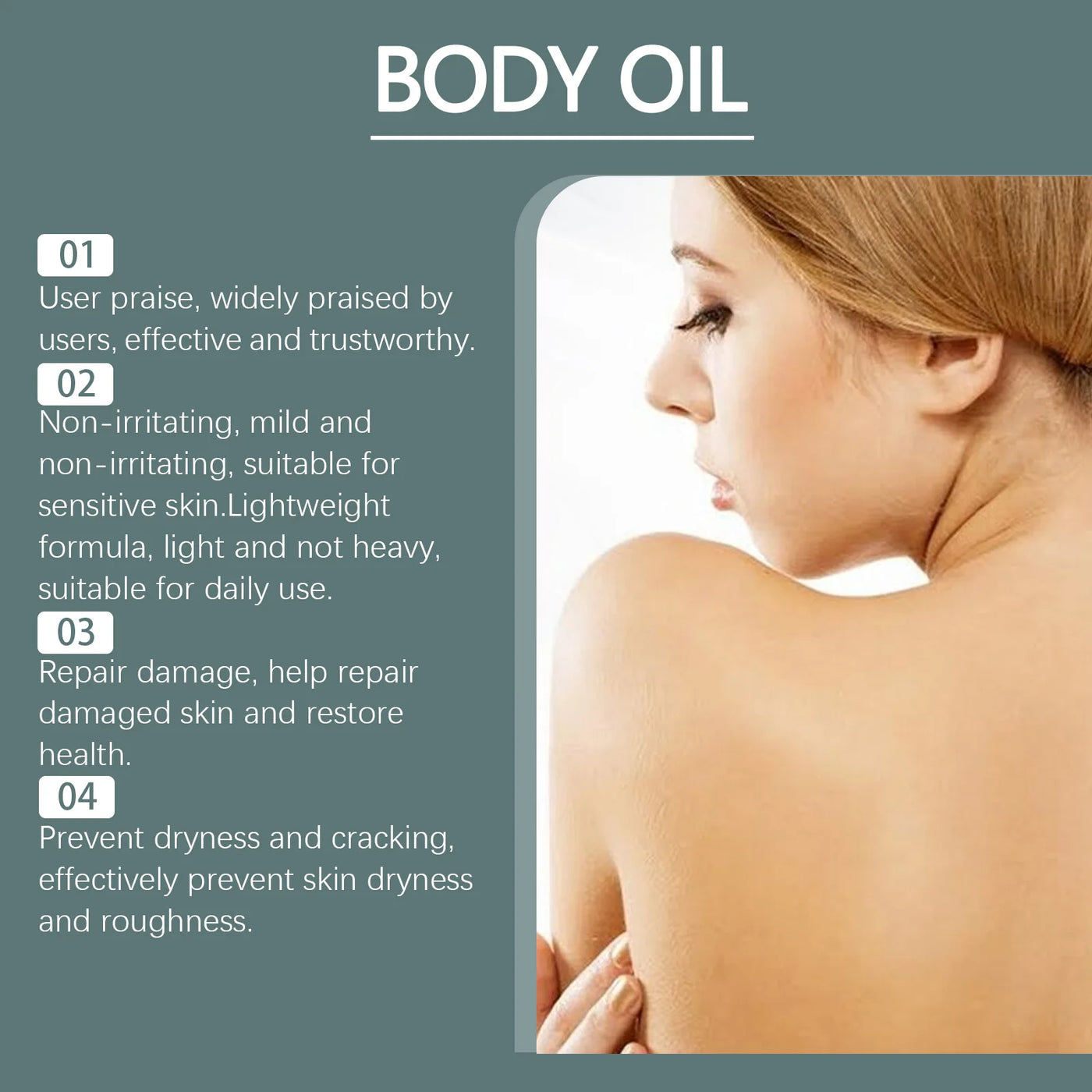 Deeply moisturizing body oil that repairs, lifts & fades fine lines. Smooths skin, lightens tone & relieves dryness naturally.