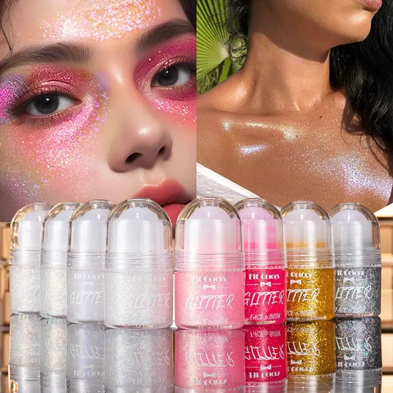 Frost Glow Cosmetics Rolling Ball Gel in various colors, showcasing shimmering effects on face and body for a glowing look.