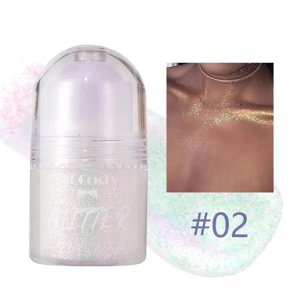 Frost Glow Cosmetics Rolling Ball Gel in various colors, showcasing shimmering effects on face and body for a glowing look.