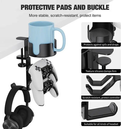 Frost Glow Cosmetics 360° rotating headphone holder & controller stand. Space-saving desk clamp design with adjustable hanger.