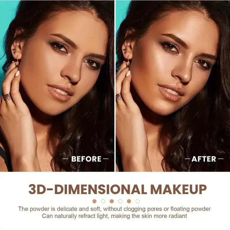 Model showcasing the Frost Glow Cosmetics Pressed Powder Palette with 12 shades for flawless bronzing.