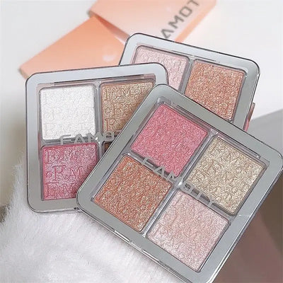 Frost Glow Cosmetics Shimmer Highlighter palette with four shades, featuring models showcasing a glittery makeup look.