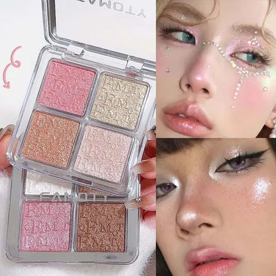 Frost Glow Cosmetics Shimmer Highlighter palette with four shades, featuring models showcasing a glittery makeup look.
