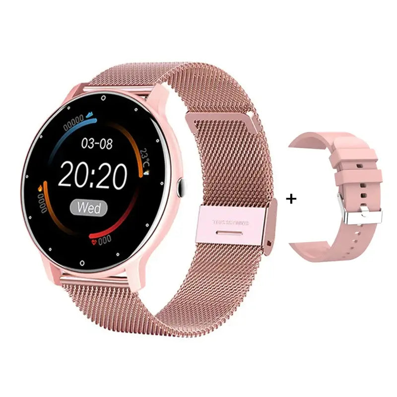 Frost Glow Cosmetics women’s smart watch with IP67 waterproof design, real-time weather, WhatsApp alerts & fitness tracking.
