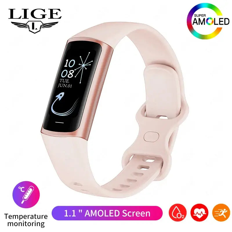 2025 Frost Glow Cosmetics smart bracelet fitness tracker. Waterproof band for men & women, phone-connected, Android & iOS watch.