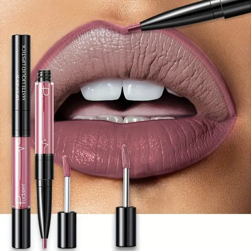 Frost Glow Cosmetics lip liner and matte liquid lipstick on beautifully defined lips, showcasing deep burgundy shades.