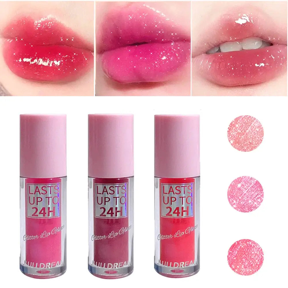 Frost Glow Cosmetics lip gloss with glitter glaze on sparkling pink lips, showcasing long-lasting shimmer in a stylish design.