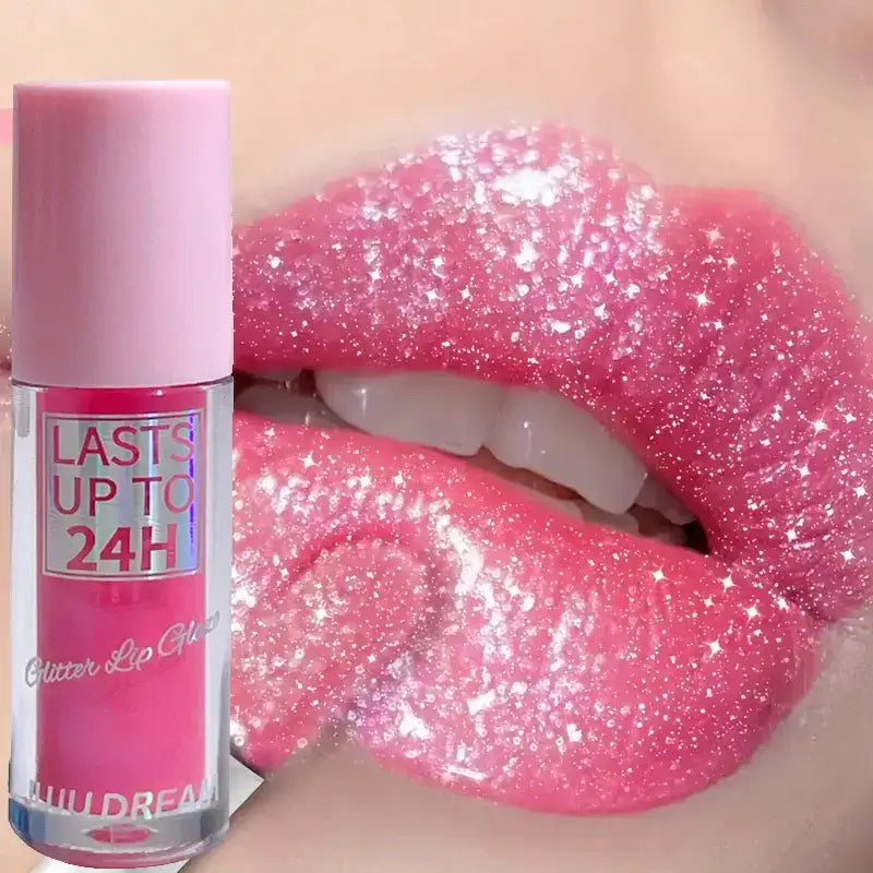 Frost Glow Cosmetics lip gloss with glitter glaze on sparkling pink lips, showcasing long-lasting shimmer in a stylish design.