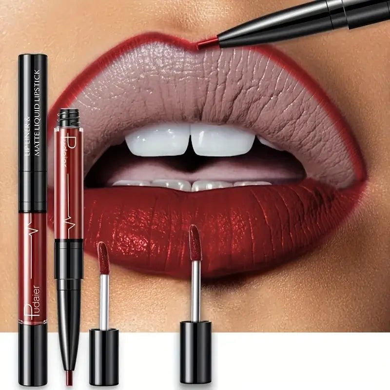 Frost Glow Cosmetics lip liner and matte liquid lipstick on beautifully defined lips, showcasing deep burgundy shades.