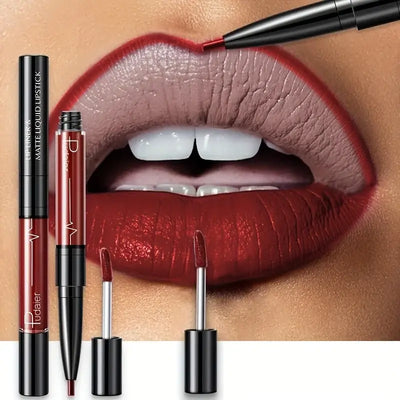 Frost Glow Cosmetics lip liner and matte liquid lipstick on beautifully defined lips, showcasing deep burgundy shades.