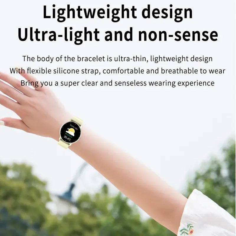 Frost Glow Cosmetics women’s smart watch with IP67 waterproof design, real-time weather, WhatsApp alerts & fitness tracking.