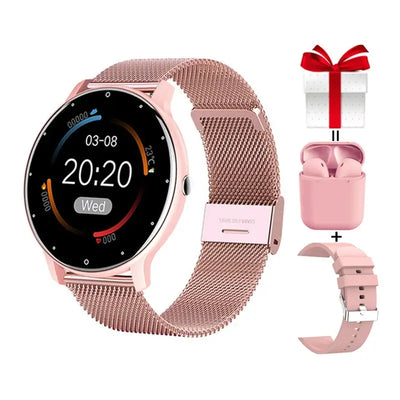 Frost Glow Cosmetics women’s smart watch with IP67 waterproof design, real-time weather, WhatsApp alerts & fitness tracking.