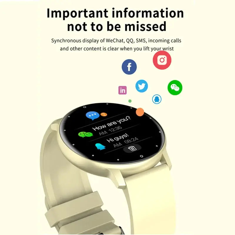 Frost Glow Cosmetics women’s smart watch with IP67 waterproof design, real-time weather, WhatsApp alerts & fitness tracking.