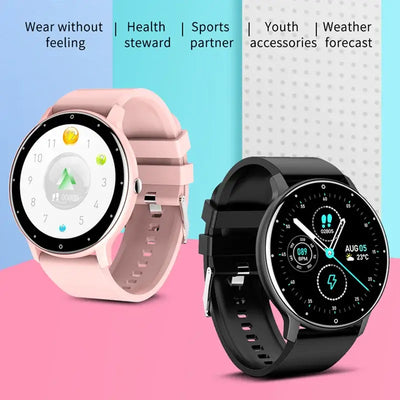 Frost Glow Cosmetics women’s smart watch with IP67 waterproof design, real-time weather, WhatsApp alerts & fitness tracking.