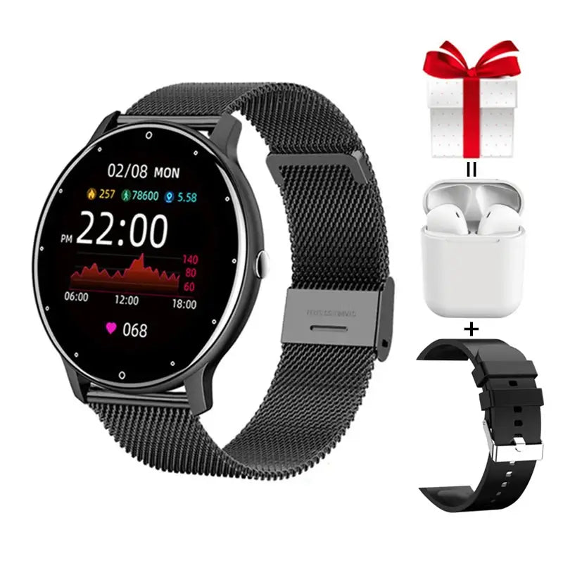 Frost Glow Cosmetics women’s smart watch with IP67 waterproof design, real-time weather, WhatsApp alerts & fitness tracking.