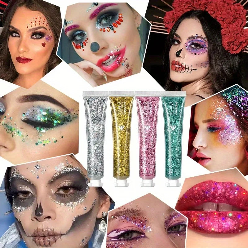 Collage of glamorous Halloween makeup featuring glitter tubes and creative face designs by Frost Glow Cosmetics.