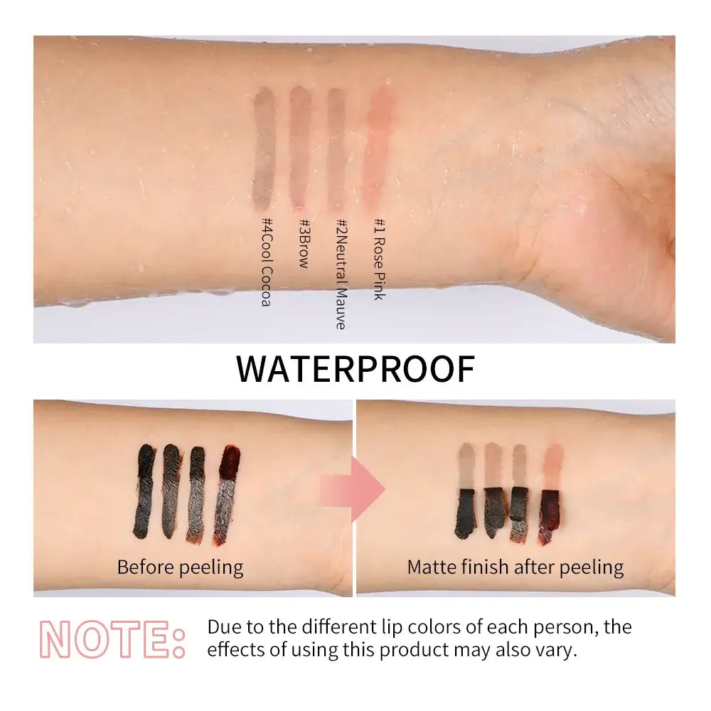 Frost Glow Cosmetics waterproof peel-off lip liner & tattoo gloss. Long-lasting matte lip tint for bold contour & smudge-proof lips.