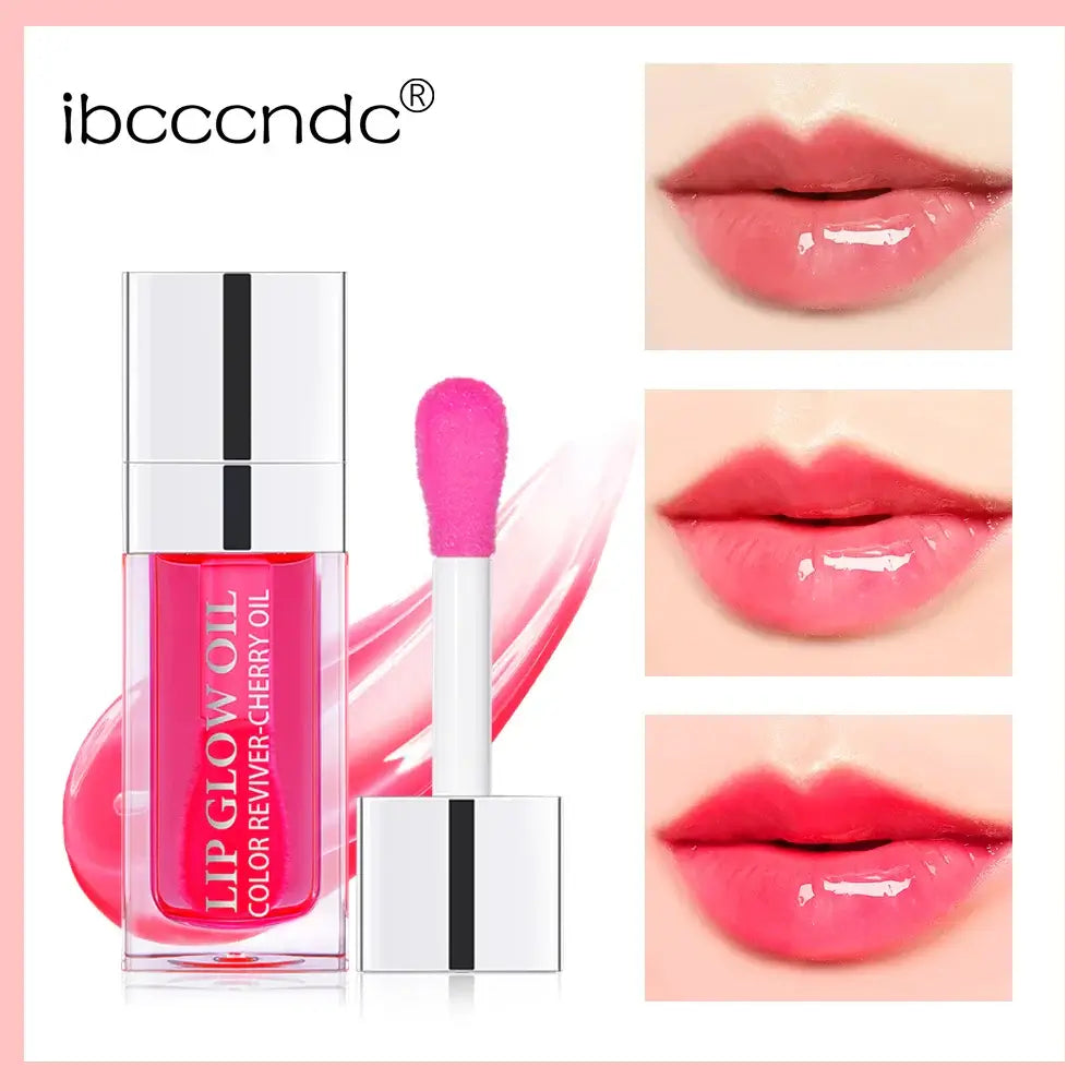 Frost Glow Cosmetics lip oil balms in pink, coral, and berry shades on a pink background.