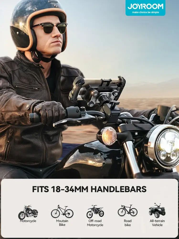Frost Glow Cosmetics Joyroom motorcycle phone holder. Anti-vibration mount for 4.7–7" phones, secure handlebar bike accessory.