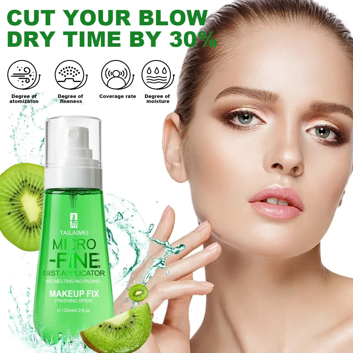 Frost Glow Cosmetics Makeup Setting Spray in green bottle with model enjoying mist for long-lasting fresh makeup.