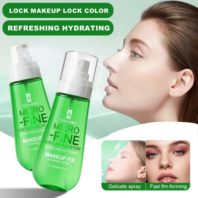 Frost Glow Cosmetics Makeup Setting Spray in green bottle with model enjoying mist for long-lasting fresh makeup.