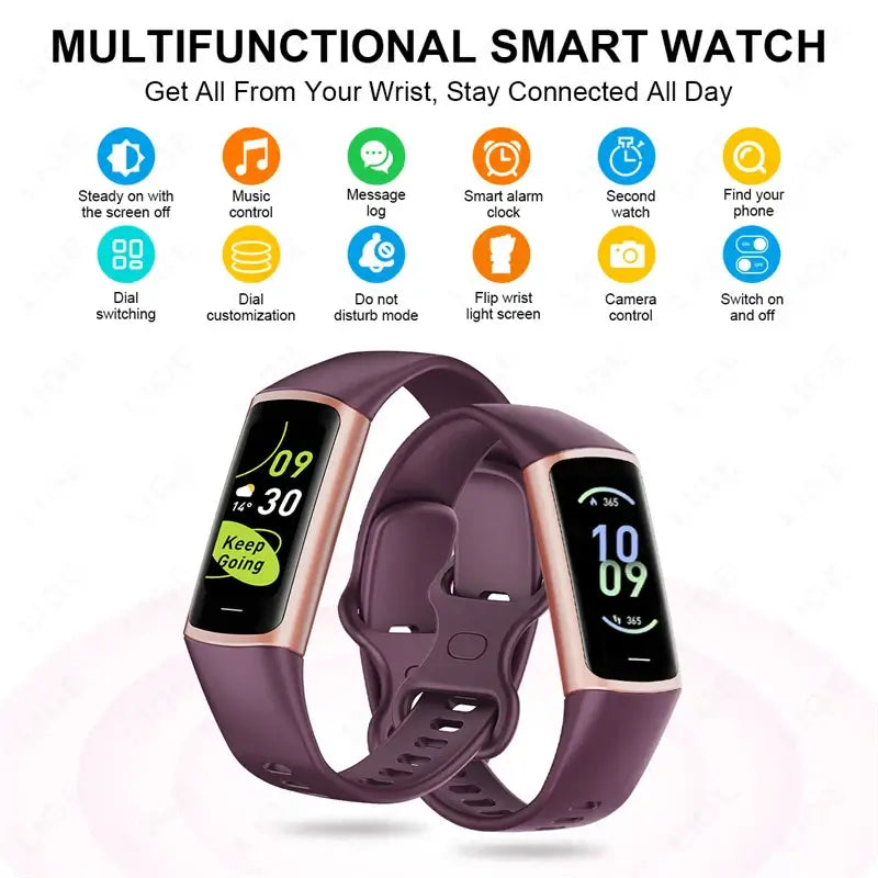 2025 Frost Glow Cosmetics smart bracelet fitness tracker. Waterproof band for men & women, phone-connected, Android & iOS watch.