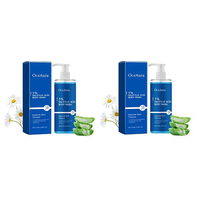 OceAura 1% Salicylic Acid Body Wash in packaging, showcasing moisturizing skin benefits, used by a person in the shower.