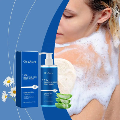 OceAura 1% Salicylic Acid Body Wash in packaging, showcasing moisturizing skin benefits, used by a person in the shower.