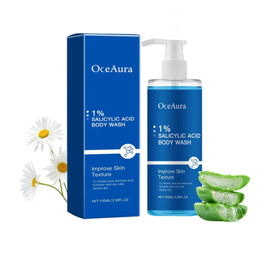 OceAura 1% Salicylic Acid Body Wash in packaging, showcasing moisturizing skin benefits, used by a person in the shower.