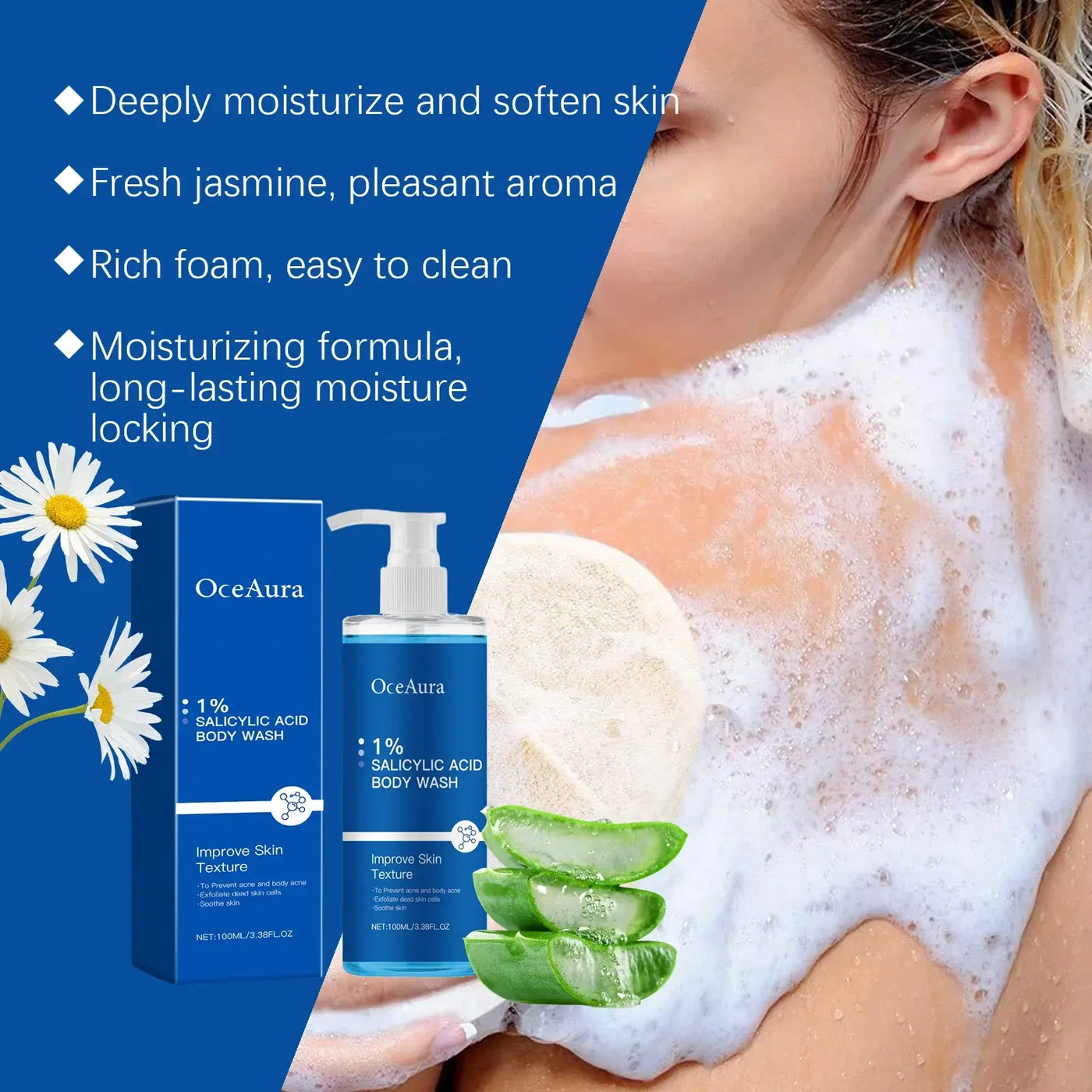 OceAura 1% Salicylic Acid Body Wash in packaging, showcasing moisturizing skin benefits, used by a person in the shower.