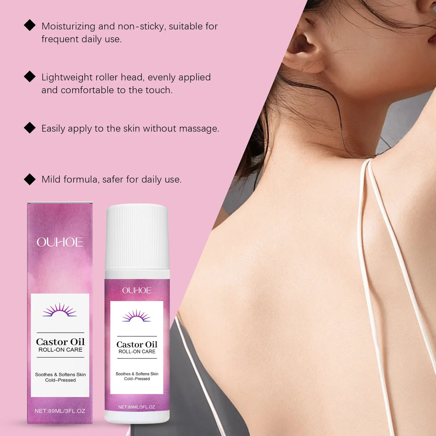 Nourishing body massage oil roll-on with castor oil. Moisturizes, repairs dryness & lightens fine lines for smooth, radiant skin.