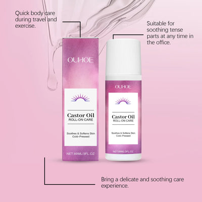 Nourishing body massage oil roll-on with castor oil. Moisturizes, repairs dryness & lightens fine lines for smooth, radiant skin.