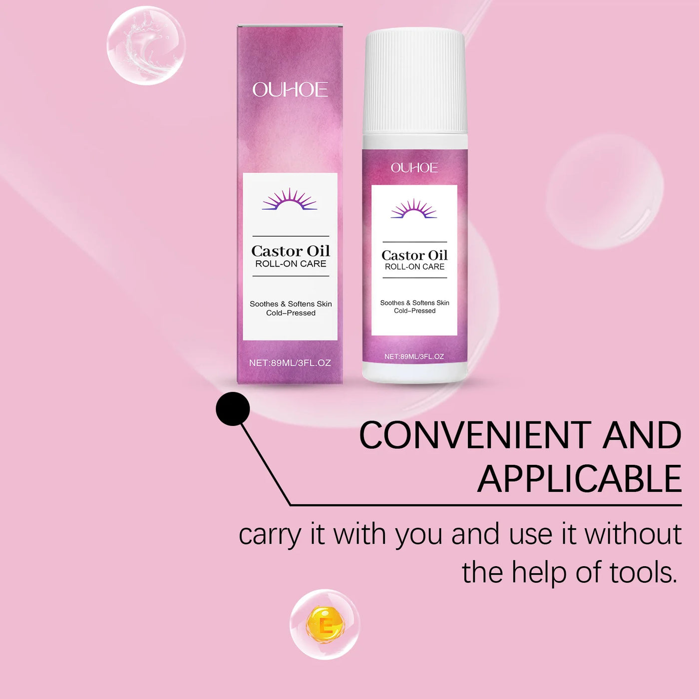 Nourishing body massage oil roll-on with castor oil. Moisturizes, repairs dryness & lightens fine lines for smooth, radiant skin.