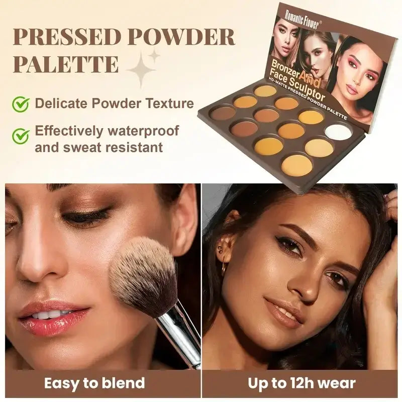 Model showcasing the Frost Glow Cosmetics Pressed Powder Palette with 12 shades for flawless bronzing.
