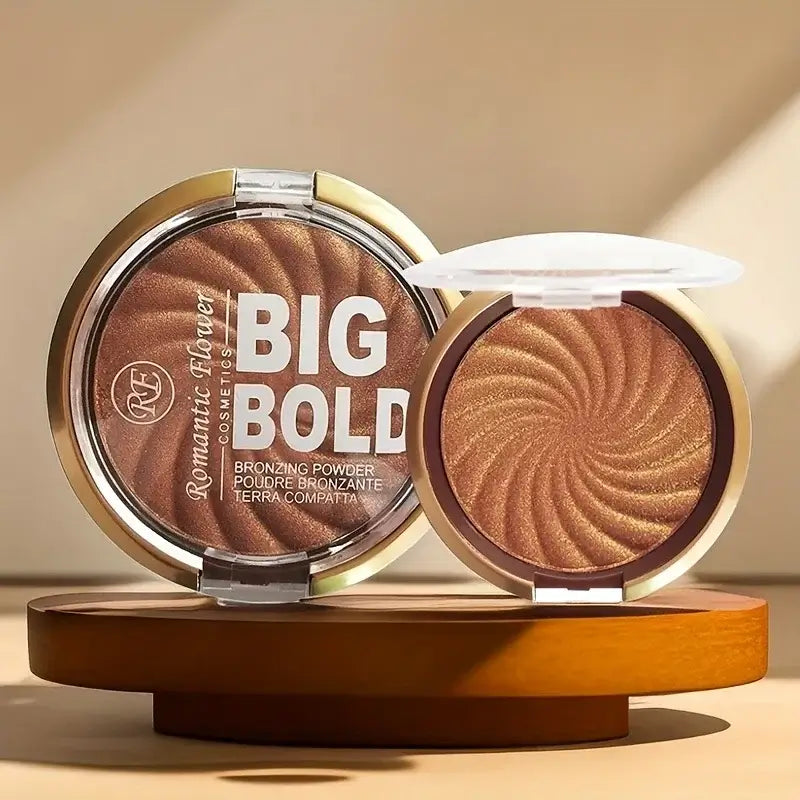 Frost Glow Cosmetics Pressed Powder with bronzer and highlighter showcased with models demonstrating a radiant glow.