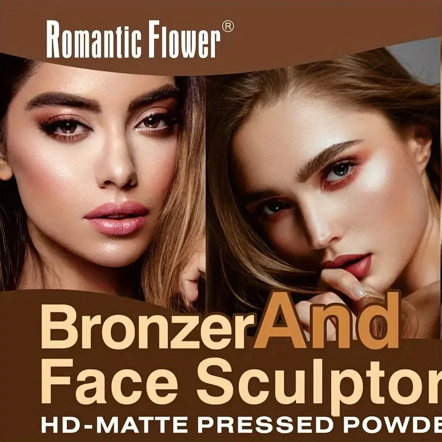 Model showcasing the Frost Glow Cosmetics Pressed Powder Palette with 12 shades for flawless bronzing.