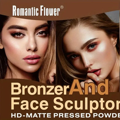 Model showcasing the Frost Glow Cosmetics Pressed Powder Palette with 12 shades for flawless bronzing.