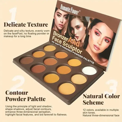 Model showcasing the Frost Glow Cosmetics Pressed Powder Palette with 12 shades for flawless bronzing.