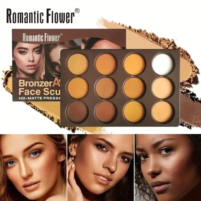 Model showcasing the Frost Glow Cosmetics Pressed Powder Palette with 12 shades for flawless bronzing.