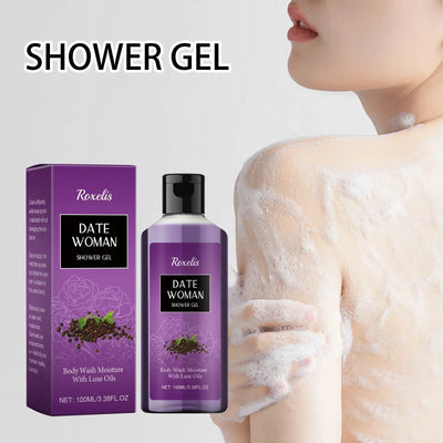 Roxelis Date Woman Shower Gel in 100ml bottle with lathered skin, promoting body wash moisture and luxury oils.