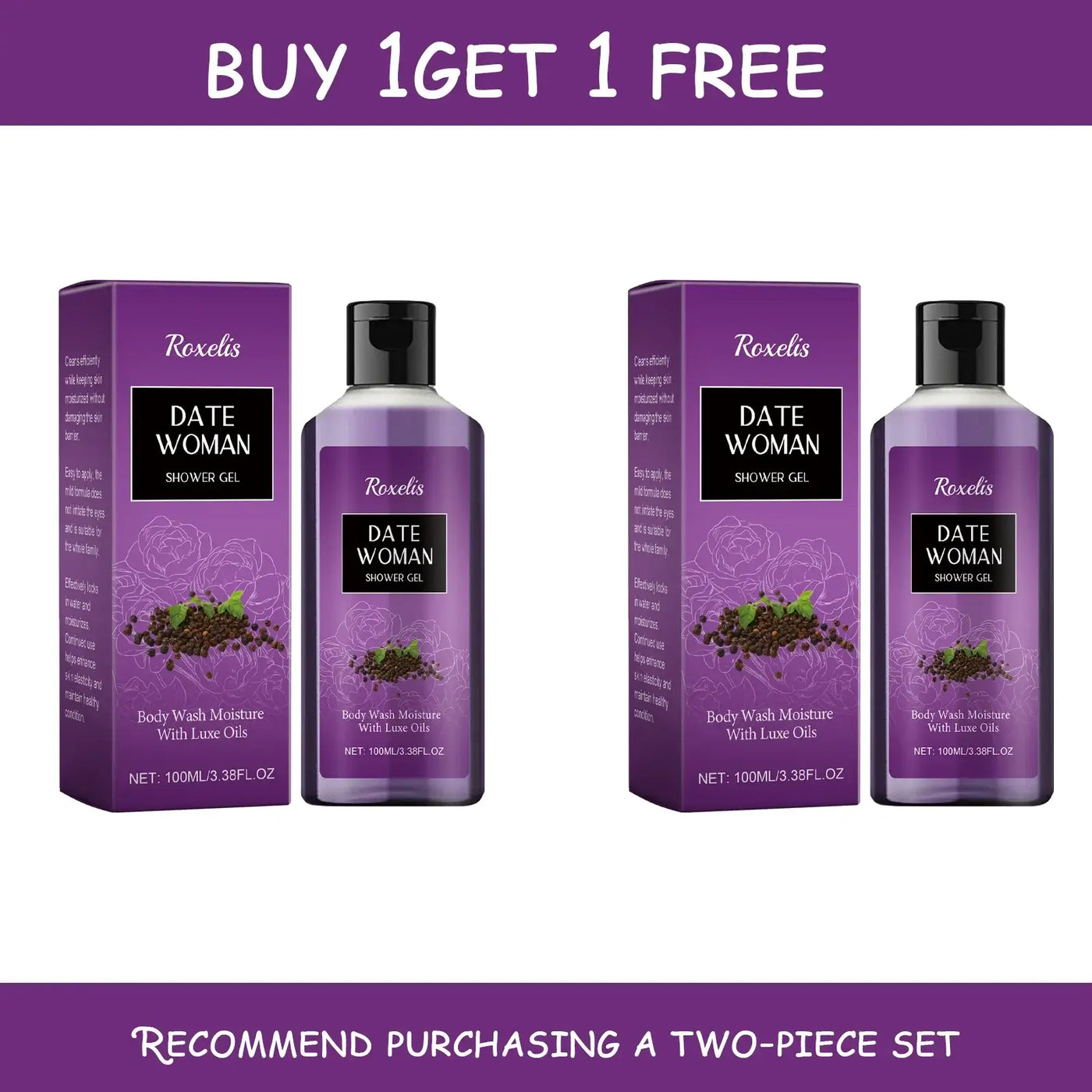 Roxelis Date Woman Shower Gel in 100ml bottle with lathered skin, promoting body wash moisture and luxury oils.