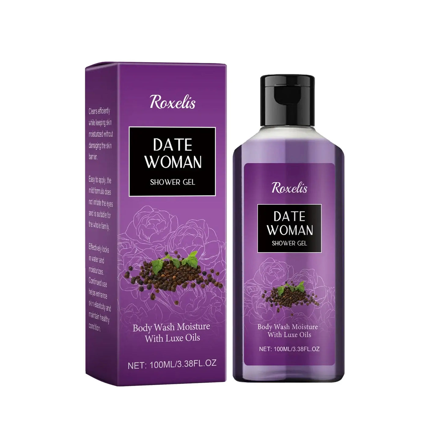 Roxelis Date Woman Shower Gel in 100ml bottle with lathered skin, promoting body wash moisture and luxury oils.