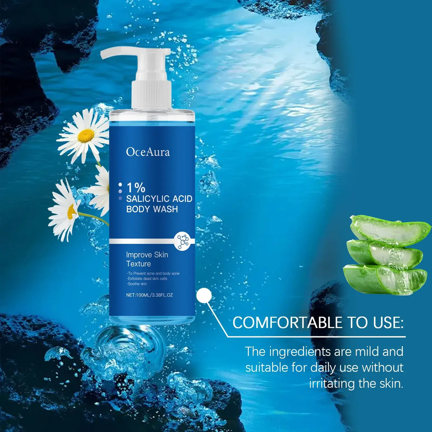 OceAura 1% Salicylic Acid Body Wash in packaging, showcasing moisturizing skin benefits, used by a person in the shower.