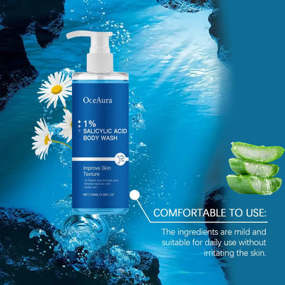 OceAura 1% Salicylic Acid Body Wash in packaging, showcasing moisturizing skin benefits, used by a person in the shower.