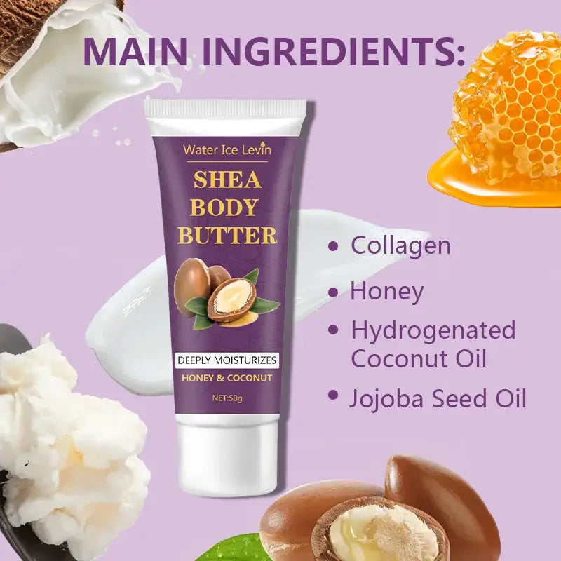 Water Ice Levin Shea Body Butter tube on skin, deeply moisturizing with honey and coconut, 50g packaging.